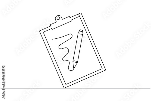 Minimalist single line art of task checklist clipboard and pen for business planning concept