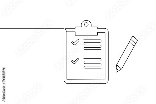 Minimalist single line art of task checklist clipboard and pen for business planning concept