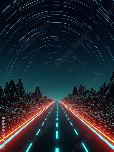 Neon Grid Road Through Wireframe Mountains Under Star Trails