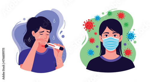 Comparison of a sick woman with a fever and a woman wearing a mask for protection from viruses demonstrates the difference between sickness and prevention.