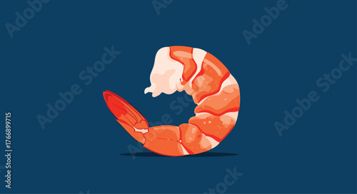 A stylized illustration of a single shrimp curled in a crescent shape against a dark blue background.