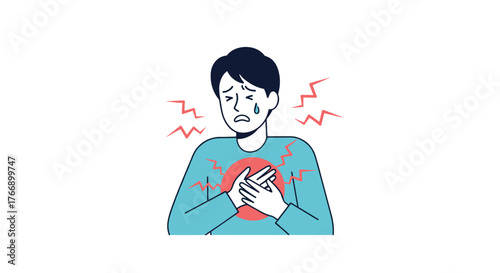An illustration shows a man suffering from chest pain, possibly due to a heart attack, with a distressed expression and a tear running down his face.