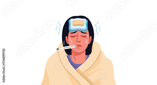 Sick person with thermometer in mouth and cold compress on forehead wrapped in blanket.