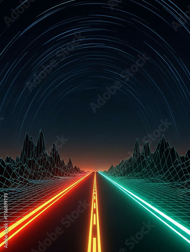 Retrofuturistic Road with Neon Edges Between Wireframe Mountains