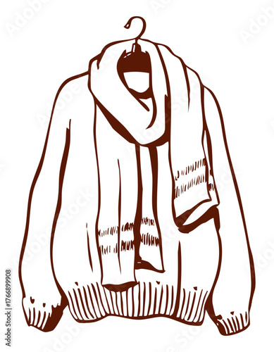 Hand drawn cozy sweater with scarf on hanger in brown line art. Warm clothing illustration. Autumn, winter, fashion, and lifestyle graphic design.