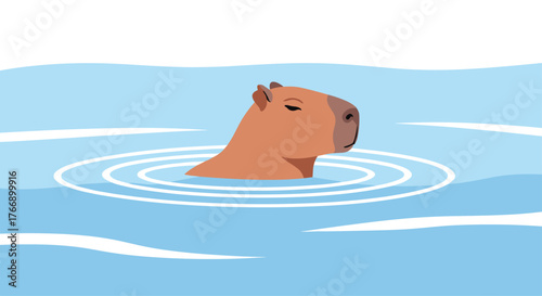 Relaxing capybara swims in a peaceful pool, surrounded by gentle ripples in light blue water; a tranquil and serene scene.