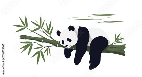 A cute panda relaxes and naps on a thick bamboo branch surrounded by green bamboo leaves.