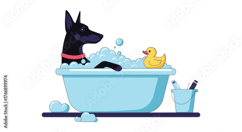 A black dog enjoys a relaxing bubble bath with a rubber ducky, creating a playful and heartwarming scene in a clean bathroom setting.
