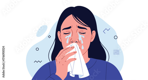 Woman crying, wiping tears from face with a white tissue, surrounded by abstract shapes on a white and blue background.