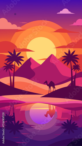Vibrant desert oasis at sunset with camel and palm trees reflected in water