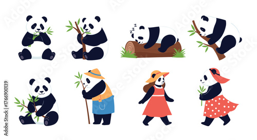 A collection of cute cartoon pandas in various poses and outfits enjoying bamboo.