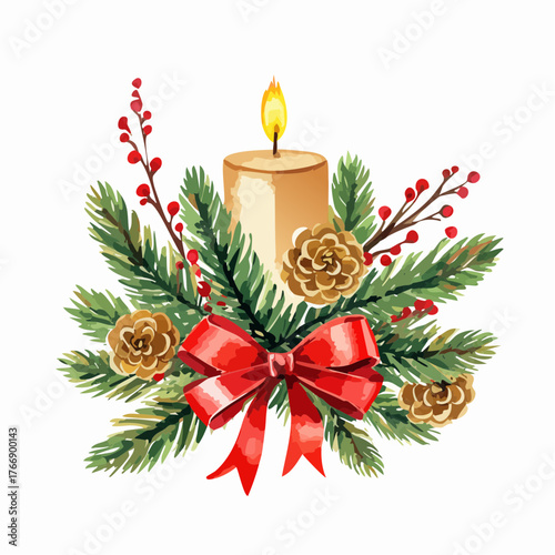 Watercolor Christmas composition with red and silver baubles, golden stars, and a festive ribbon.