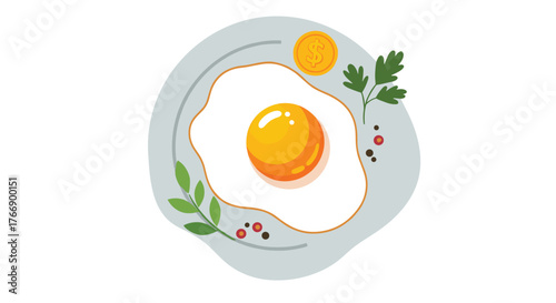 A sunny side up fried egg breakfast on a plate with fresh herbs, spices, and a golden dollar coin, symbolizing food cost or investment.