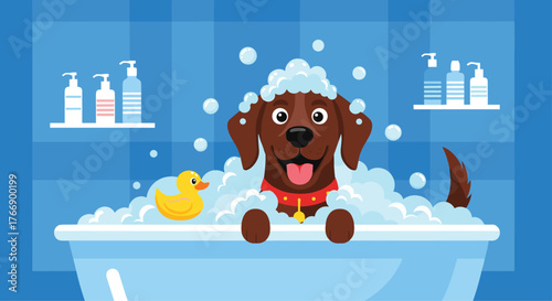 A happy chocolate dog covered in bubbles sits in a bathtub with a rubber ducky.