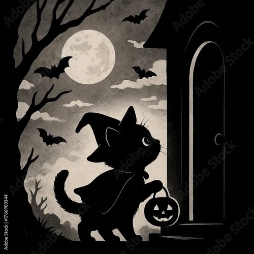cute halloween cat silhouette trick or treating under full moon with bats and pumpkin lantern vector illustration for spooky holiday design