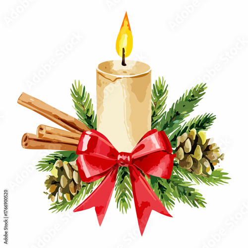 Festive Holiday Candle with Cinnamon, Pine, and Red Bow Ornament for Christmas Decorations