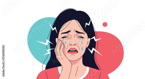 Woman crying in pain holding her cheek with stress lines and lightning bolts indicating discomfort.