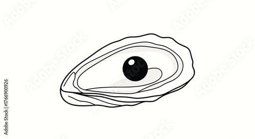 Line art illustration of an open oyster with a black pearl inside on a white background.