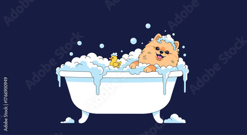 A cheerful Pomeranian dog happily takes a bubbly bath alongside a rubber ducky in a classic white tub, with suds spilling over on a deep blue background.