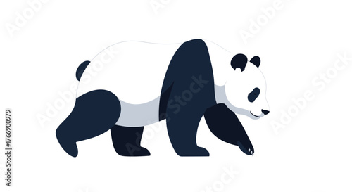 Illustration of a giant panda walking. The panda has a white body with black ears, limbs, eye patches, and a short tail.