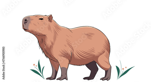 A cute animated capybara stands proudly on a white background with subtle green foliage.