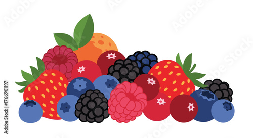 A vibrant assortment of fresh berries, including strawberries, blueberries, raspberries, and blackberries, scattered across a white background.