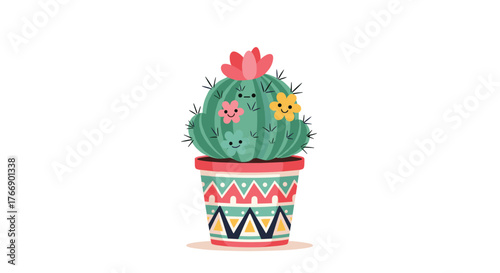 A cute and happy cartoon cactus plant with small smiling faces and colorful flowers, sitting in a beautifully patterned decorative pot.