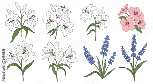 Elegant floral arrangement featuring lilies, pink flowers, and blue lavender with vintage embroidered textile art appeal.