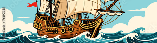 Old wooden sailing ship navigating waves in colorful illustration