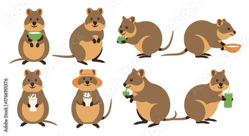 Cute cartoon quokka characters in various poses, some standing, eating food, and holding coffee or drinks.