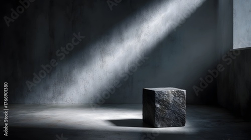 A dark minimalist room with a rough stone cube illuminated by a dramatic beam of light