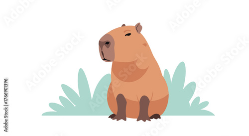 Cute cartoon illustration of a capybara sitting in the grass, looking peaceful and content, perfect for children's books and educational materials.