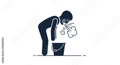 Person with nausea is vomiting into a bucket or pail due to illness, sickness, or food poisoning; stick figure icon isolated on white.