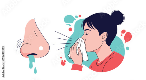 Illustration depicts a person sneezing into a tissue to manage flu symptoms, alongside a visual of a runny nose for context.