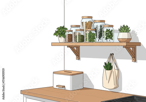 Shelf with jars  plants a white container on counter