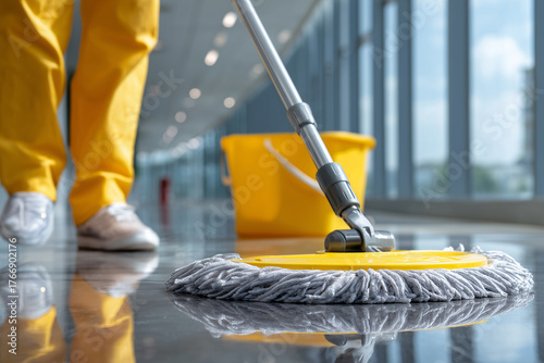 Professional Commercial Cleaning Service Worker Washing Corridor with Yellow Mop