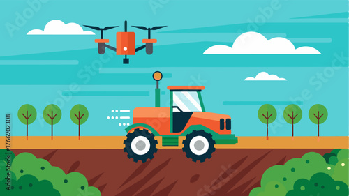 A drone hovering over a selfdriving tractor capturing data through sensors to analyze soil quality and provide realtime insights to the tractors AI system resulting in targeted. Vector illustration