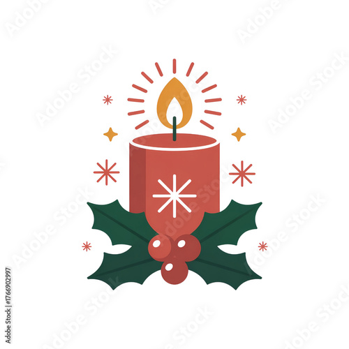 Red candle with flame surrounded by holly leaves and berries  