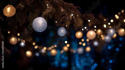 A string of glowing lanterns and fairy lights hangs from tree branches at night creating a magical and festive atmosphere with a soft bokeh
