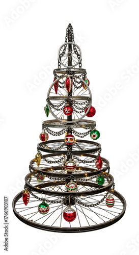 Bicycle wheel Christmas tree with vintage ornaments and chain garland on transparent background for eco-friendly cycling holiday decor