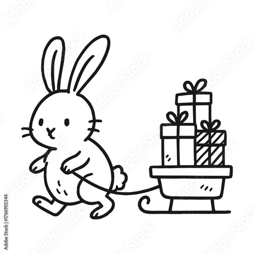Cute rabbit character pulling a sleigh filled with colorful gift boxes, showcasing a playful winter scene in a charming vector illustration style with copy space
