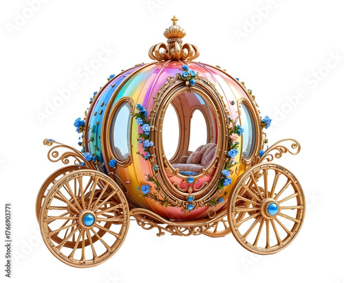 Pumpkin Shaped Rainbow Carriage With Ornate Golden Wheels And Trim And Adorned With Blue Flowers.eps