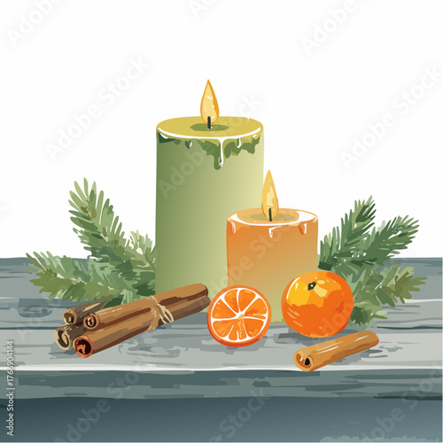 Festive holiday candles with cinnamon sticks, pine needles, and citrus slices on a wooden table