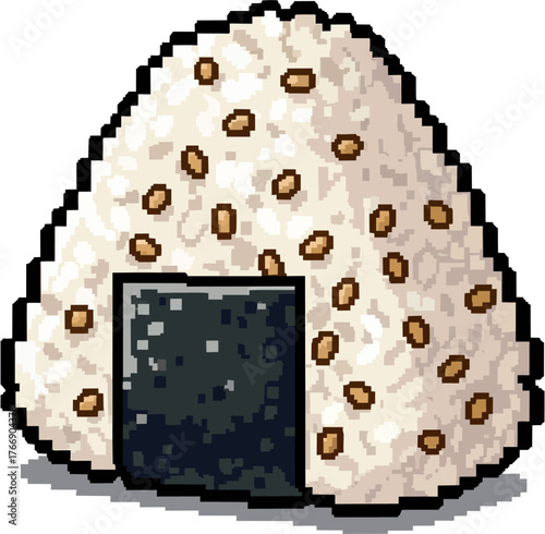Pixelated illustration of a triangular onigiri rice ball with seaweed and sesame seeds.
