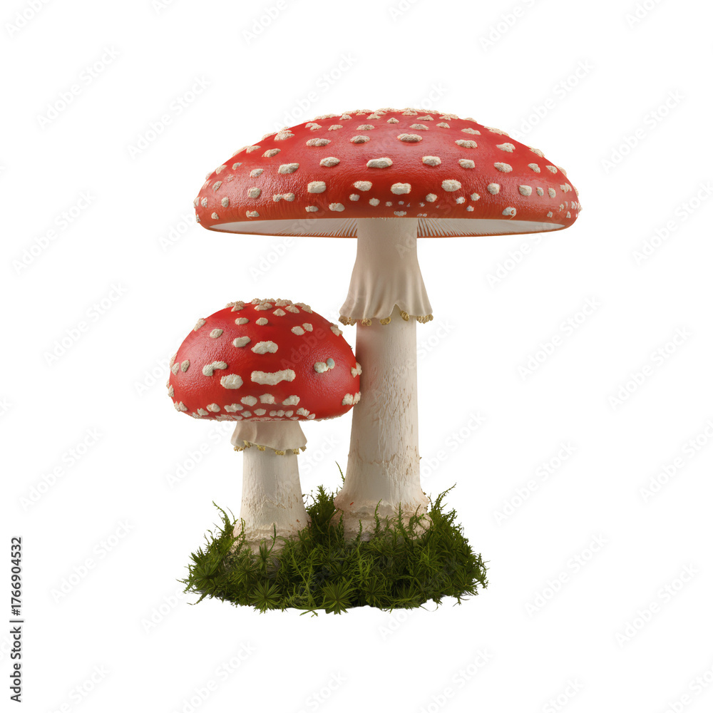 Obraz premium Whimsical mushroom duo with vibrant red caps and detailed white spots against transparency