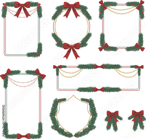 A collection of Christmas decorated frames featuring fir branches, bows, and garlands in a vintage style for use on posters, cards, and invitations. New Year's design, festive frame, vector image.