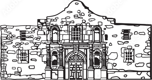 The Alamo Texas Hand drawn vector illustration. Black and white graphics on a white background
