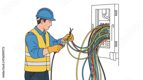 Flat vector of an industrial electrician fixing cables with tools, wearing safety gear, isolated on white background.