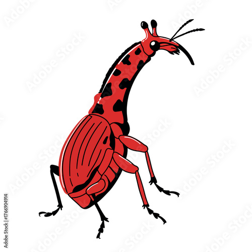 Cartoon Giraffe Weevil Hybrid Illustration with Red and Black Spots.