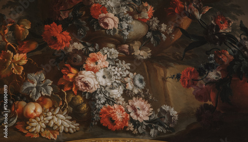 Baroque Floral Image with Flowers and Decorative Vase, Vintage Style